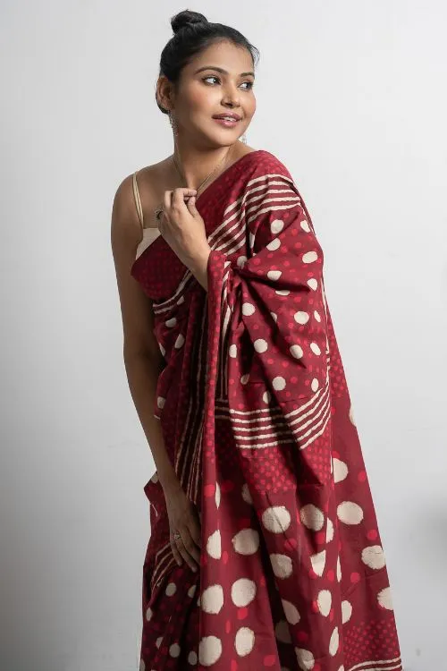 ICH Cotton Appeal. Dabu Hand Block Printed Mul Cotton Saree- Red Polka