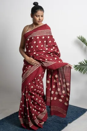 ICH Cotton Appeal. Dabu Hand Block Printed Mul Cotton Saree- Red Polka