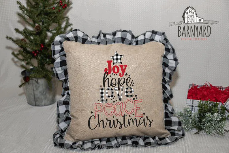 Joy Hope Love Peace Christmas Sublimation Pillow Cover, Red Or White Buffalo Plaid Pillow, Home Decor, Housewarming Gift