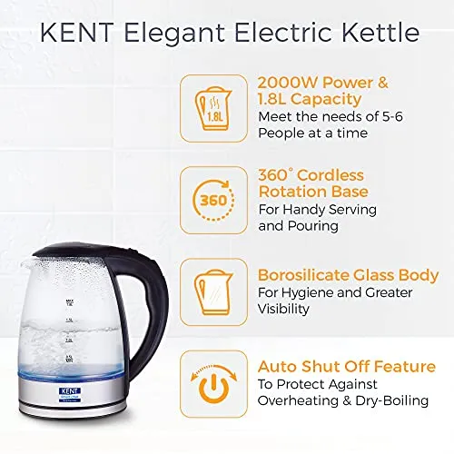 KENT Elegant Electric Glass Kettle (16052), 1.8L, Stainless Steel Heating Plate, Borosilicate Glass Body, Boil Drying Protection