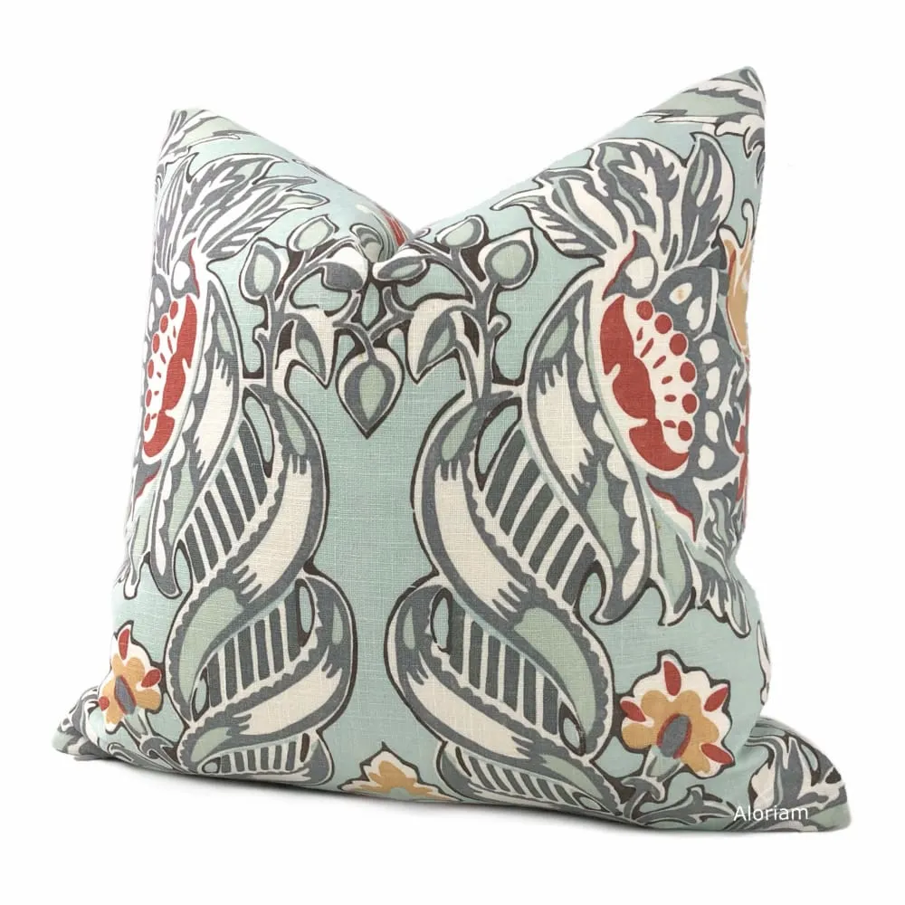 Kravet Lorton Light Blue Orange Gray White Damask Linen Throw Pillow Cover