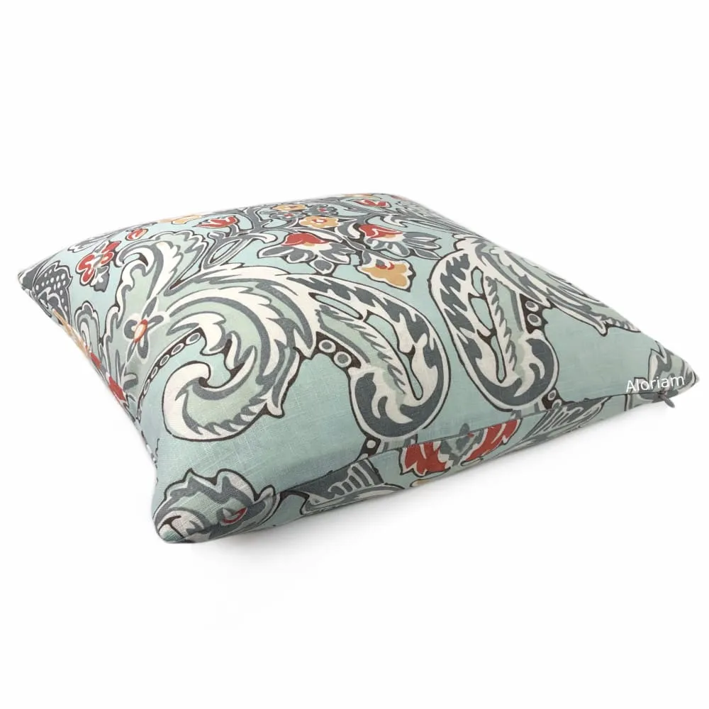 Kravet Lorton Light Blue Orange Gray White Damask Linen Throw Pillow Cover