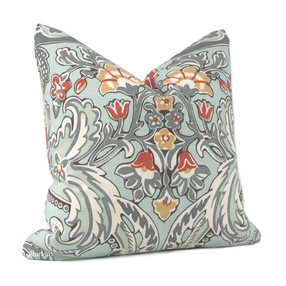 Kravet Lorton Light Blue Orange Gray White Damask Linen Throw Pillow Cover