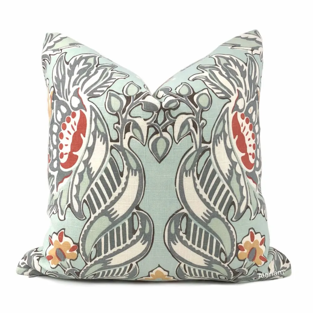 Kravet Lorton Light Blue Orange Gray White Damask Linen Throw Pillow Cover