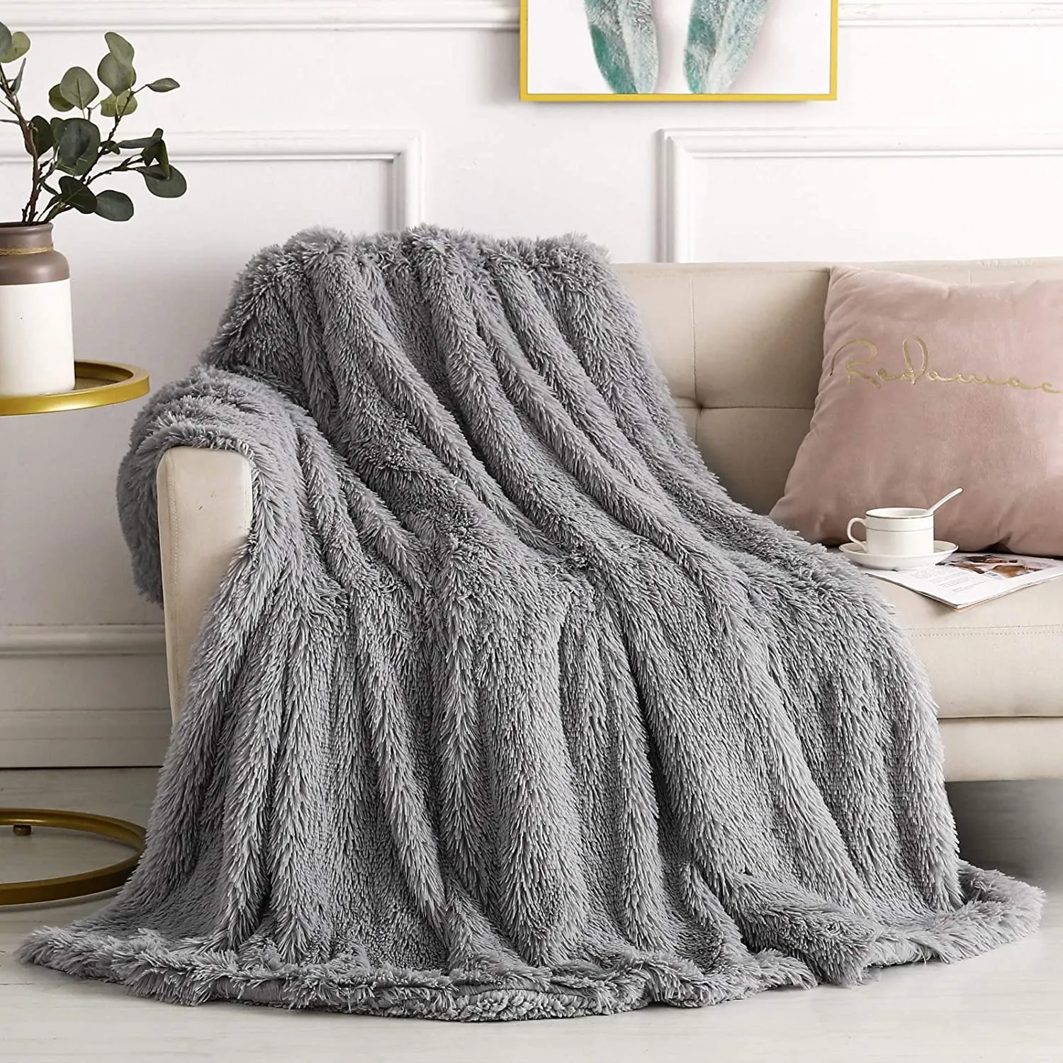 Long Pile Faux Fur Blanket BLUSH / CHARCOAL / GREY / MUSTARD