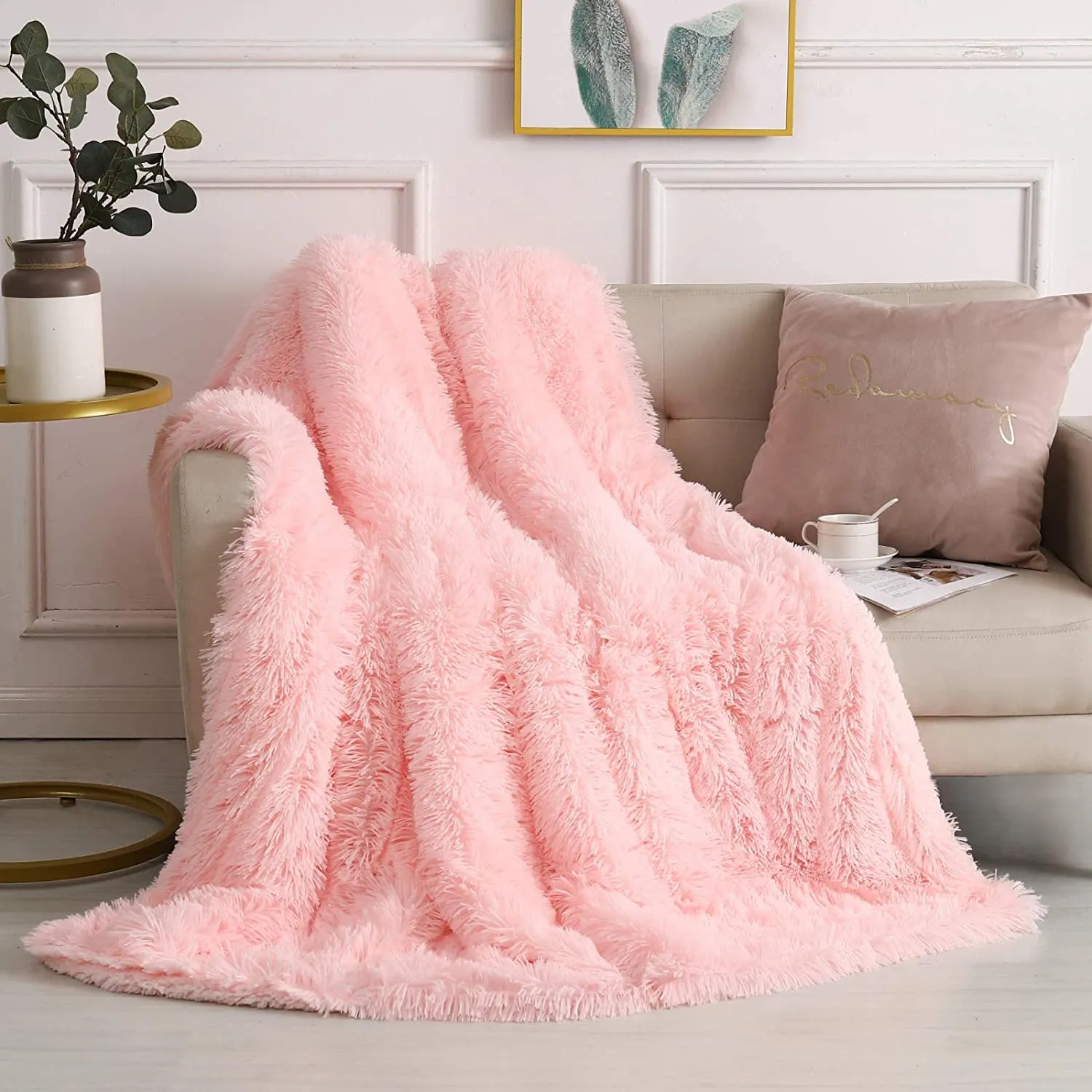 Long Pile Faux Fur Blanket BLUSH / CHARCOAL / GREY / MUSTARD