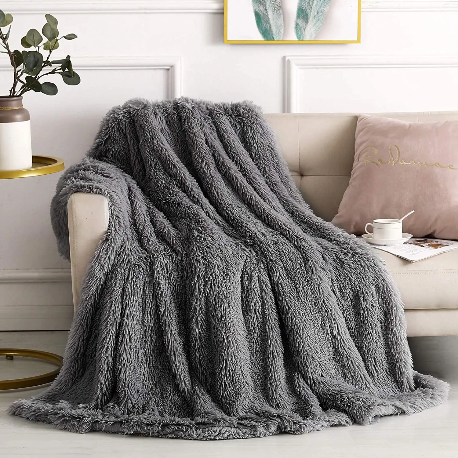 Long Pile Faux Fur Blanket BLUSH / CHARCOAL / GREY / MUSTARD