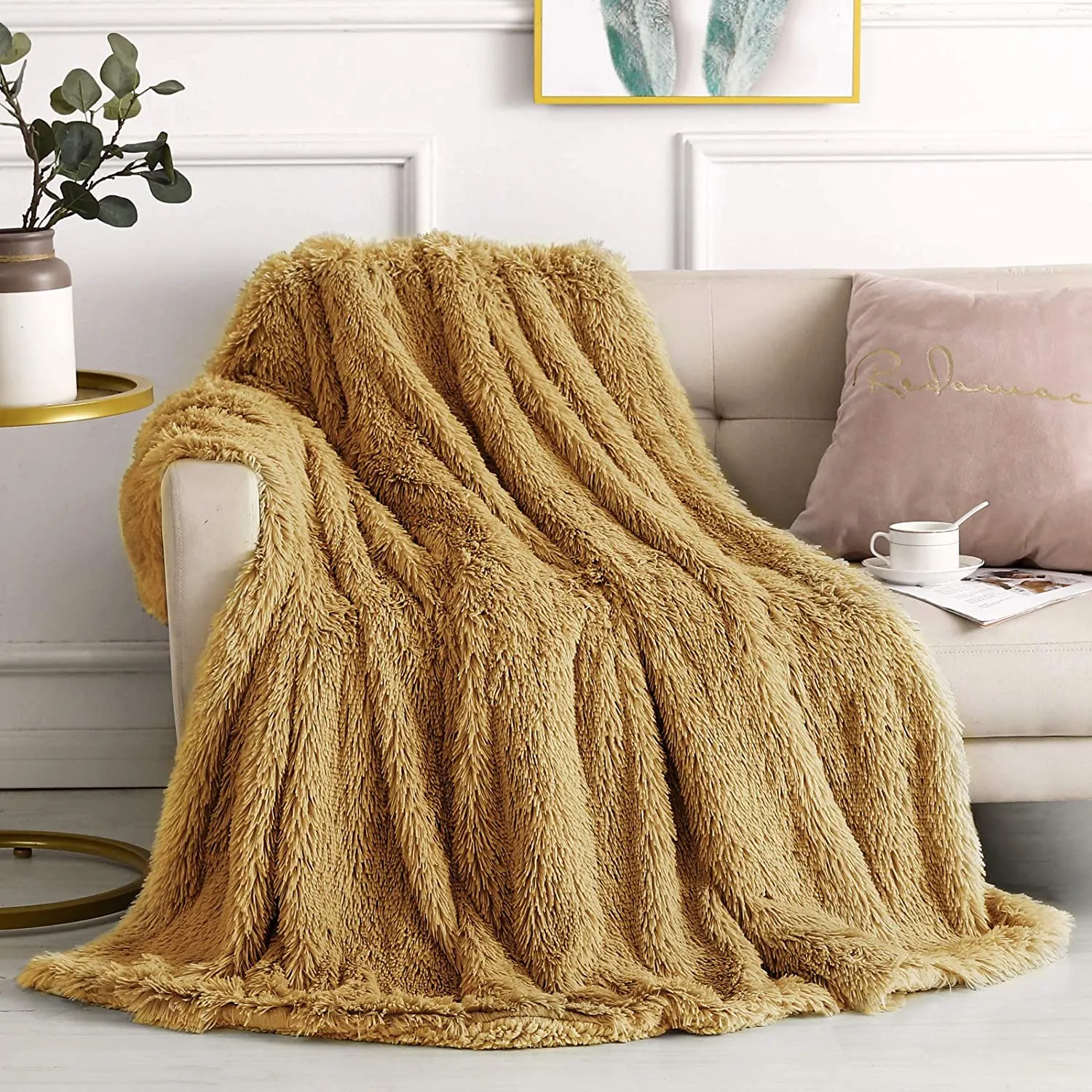 Long Pile Faux Fur Blanket BLUSH / CHARCOAL / GREY / MUSTARD