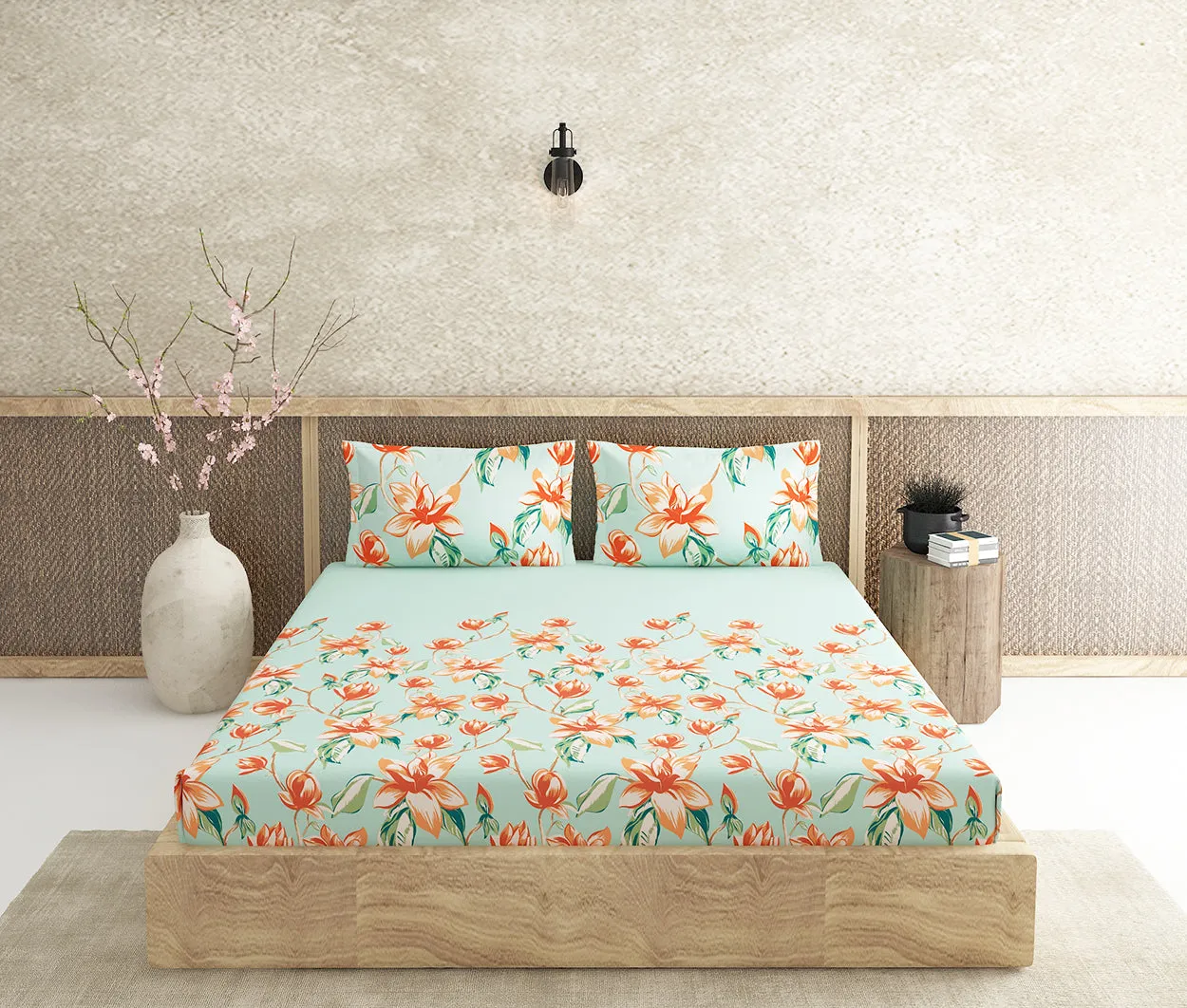 Magnolia Teal 100% Cotton Antibacterial Bedsheet Set