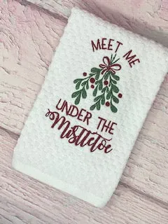 Meet me Under the Mistletoe Embroidered Kitchen Hand Towel