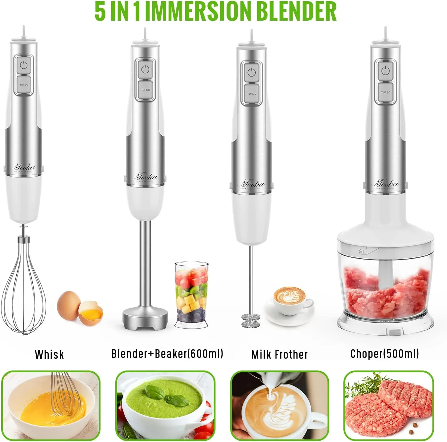 MOOKA Hand Blender, 5-in-1 BM-HB102 1100W Multi-Purpose Immersion Blender