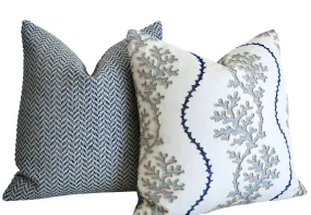 Navy Reef: Nautical Embroidered Beige, White, and Blue Pillow Cover