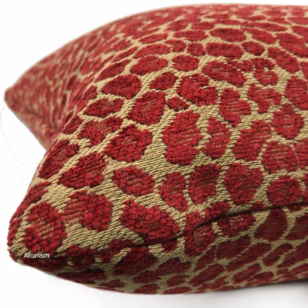 Niobe Red Camel Tan Leopard Spots Chenille Pillow Cover