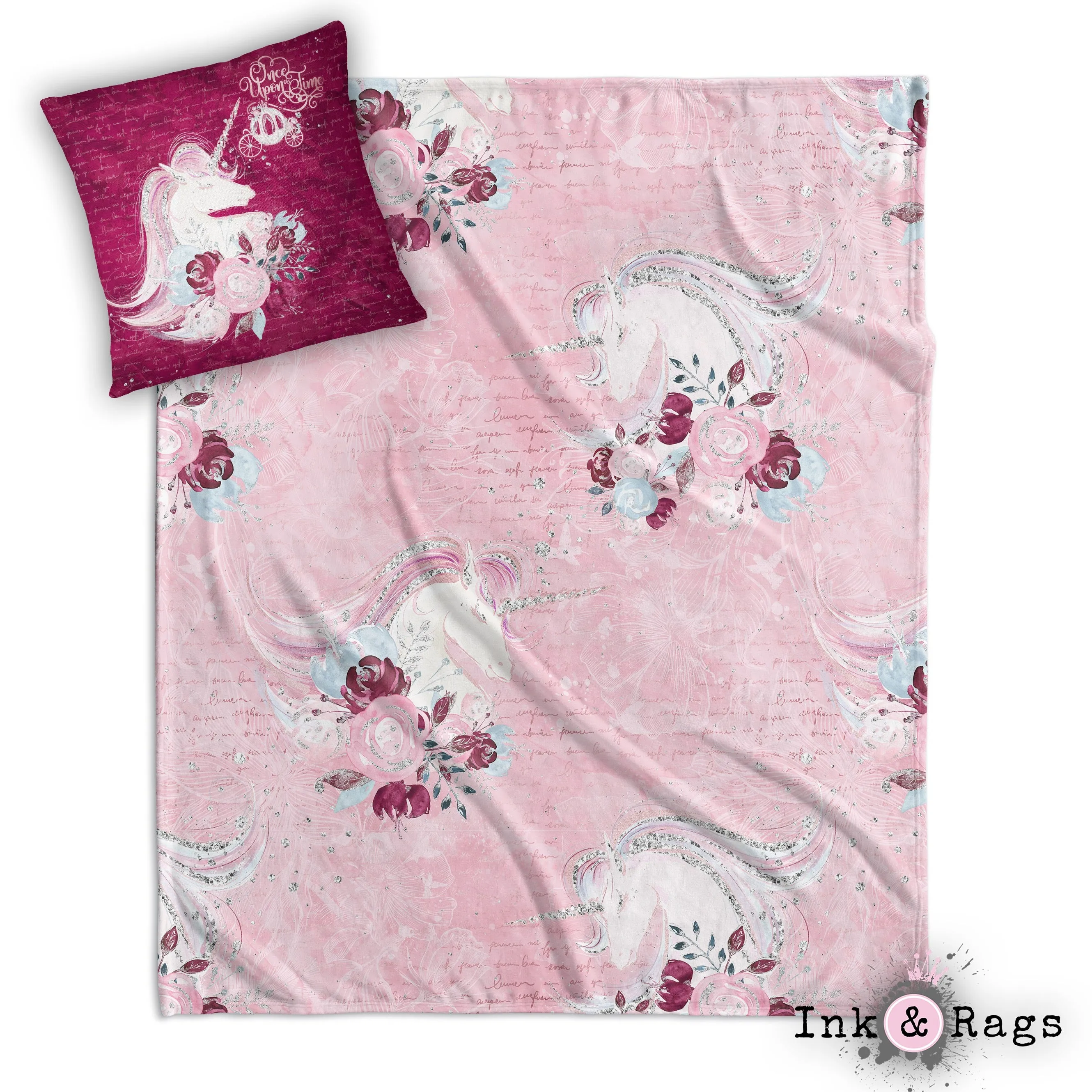 Once Upon a Time Unicorn Rose Nursery Throw and Pillow Cover Set