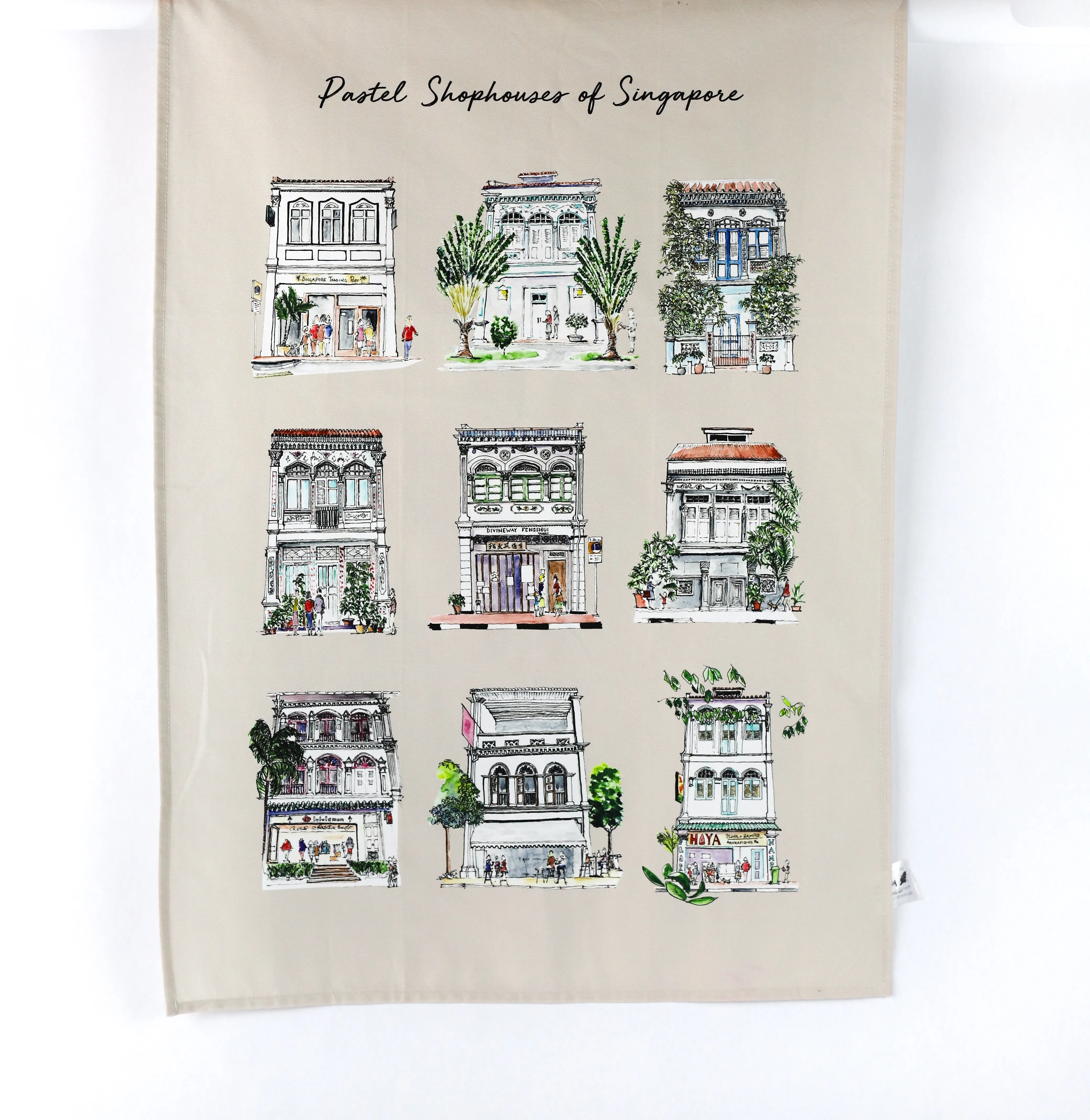 Organic Cotton Tea Towel - Khaki - Pastel Shophouses