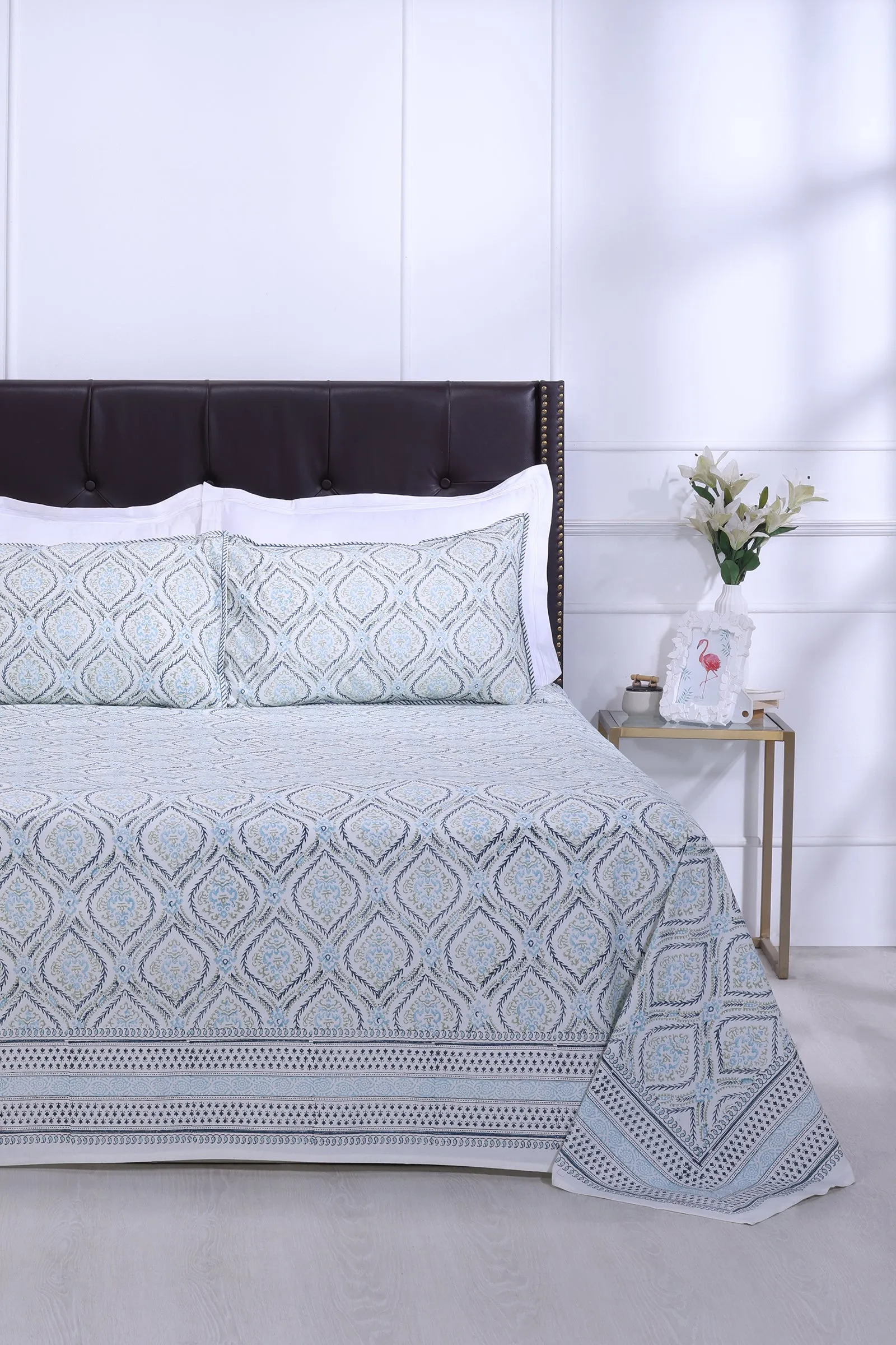 Parvati Damask Jaal Blue Cotton Percale Bedsheet