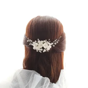 Pearl Bridal Hair Comb with White Flowers-Daphne