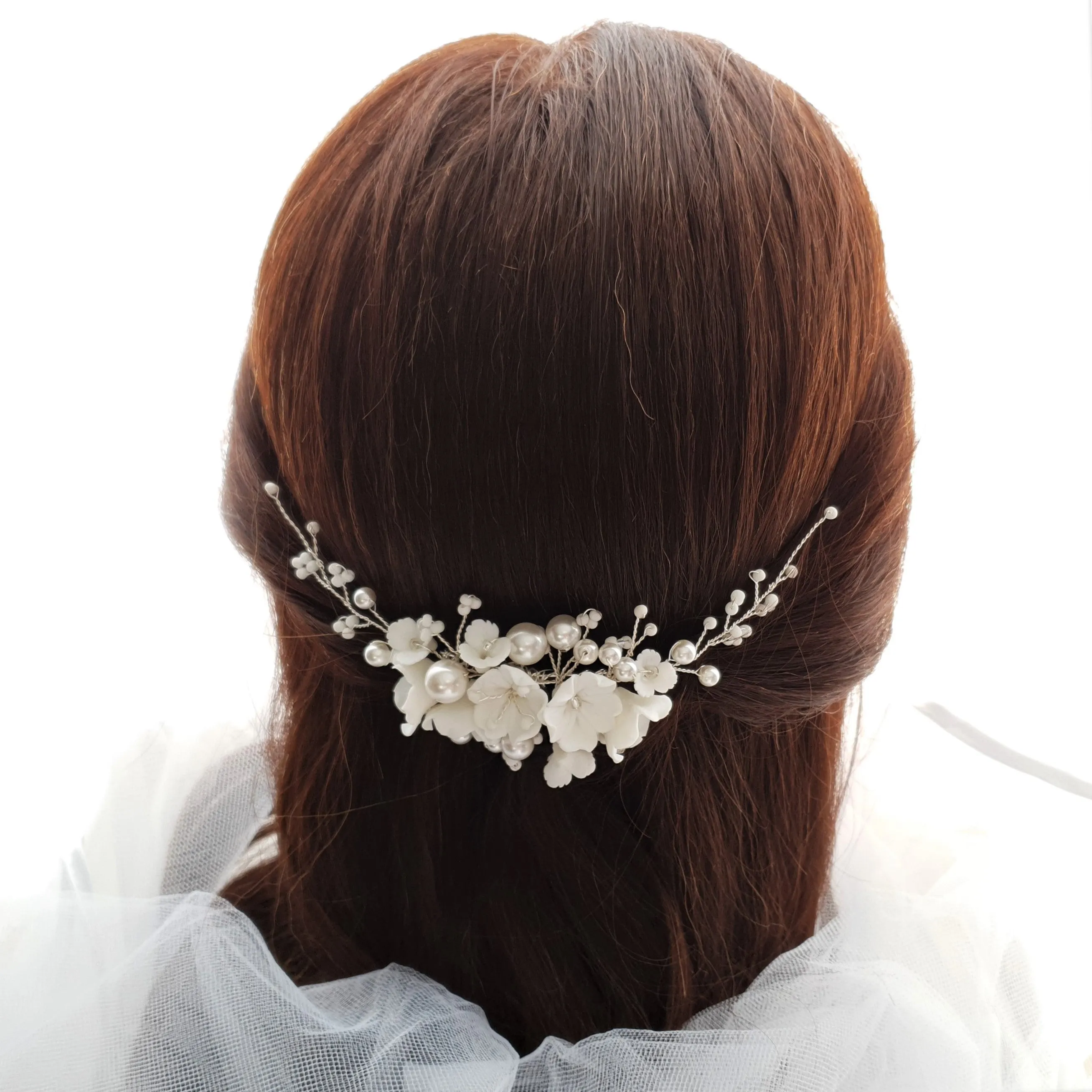 Pearl Bridal Hair Comb with White Flowers-Daphne