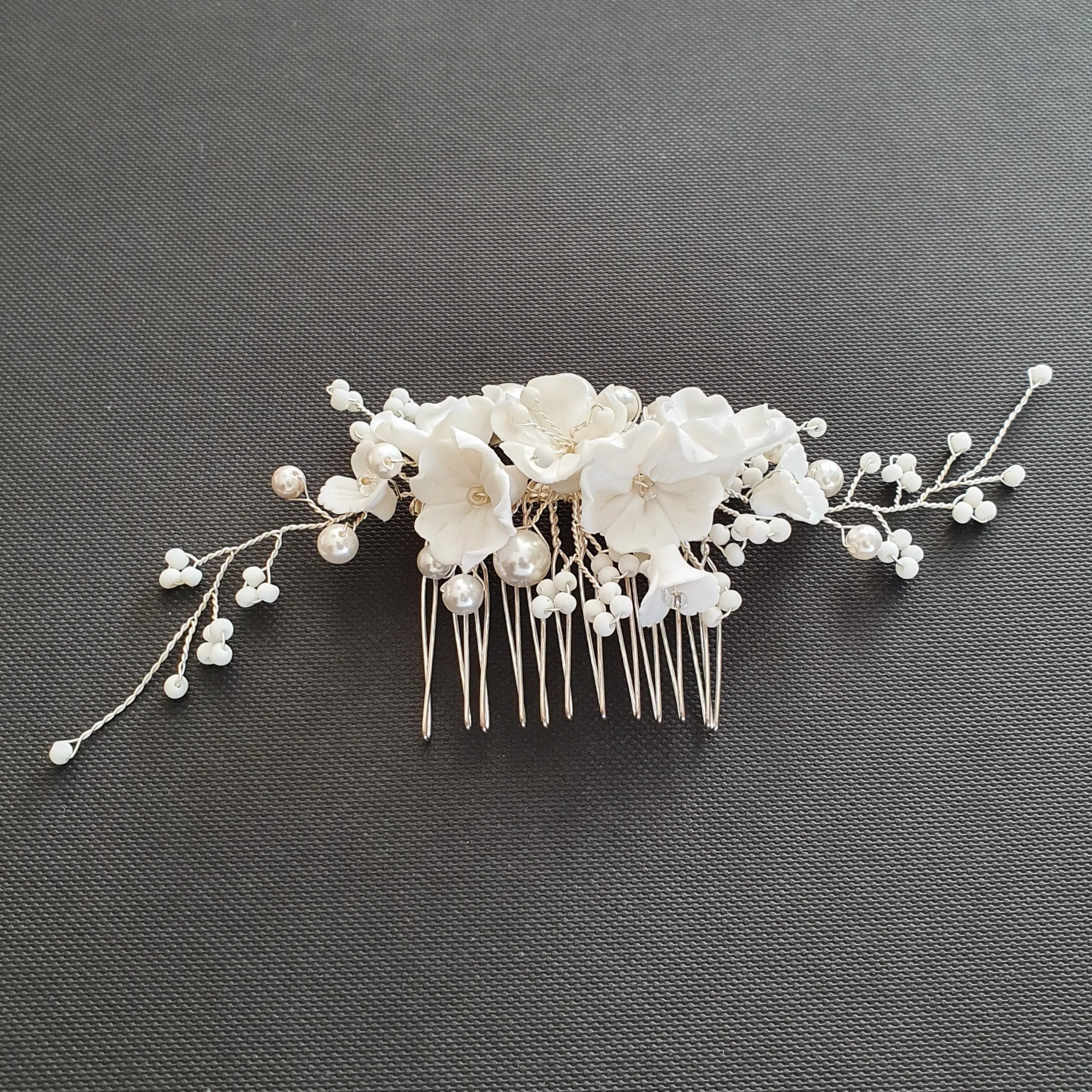 Pearl Bridal Hair Comb with White Flowers-Daphne