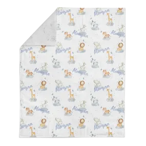 Personalized Name Minky Blanket - BABY SAFARI ANIMALS WITH CLOUDS AND STARS