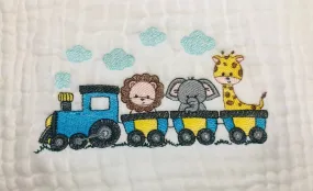 Personalized Train Safari Muslin Baby Handmade Swaddle Blanket Gift