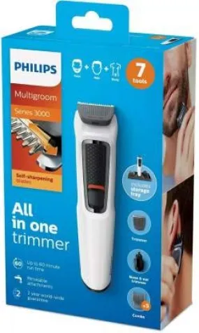 Philips MG3721 Multi-Grooming Series 3000 7-in-1 for Face-Hair-Body-Nose and Ear Kit Runtime: 60 min Grooming Kit for Men  White, Black