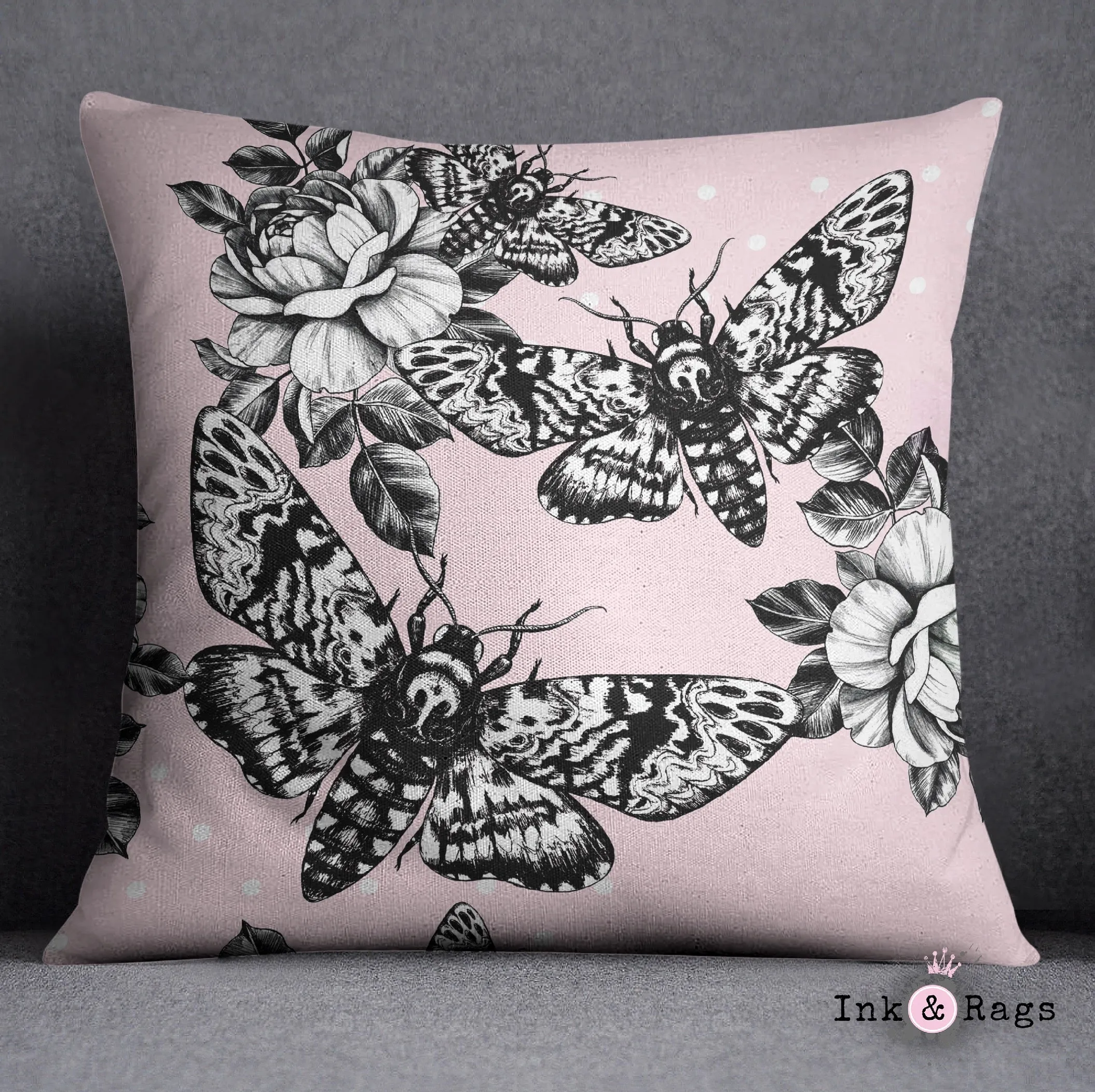 Pink Death Head Moth Skull and Rose Throw Pillow