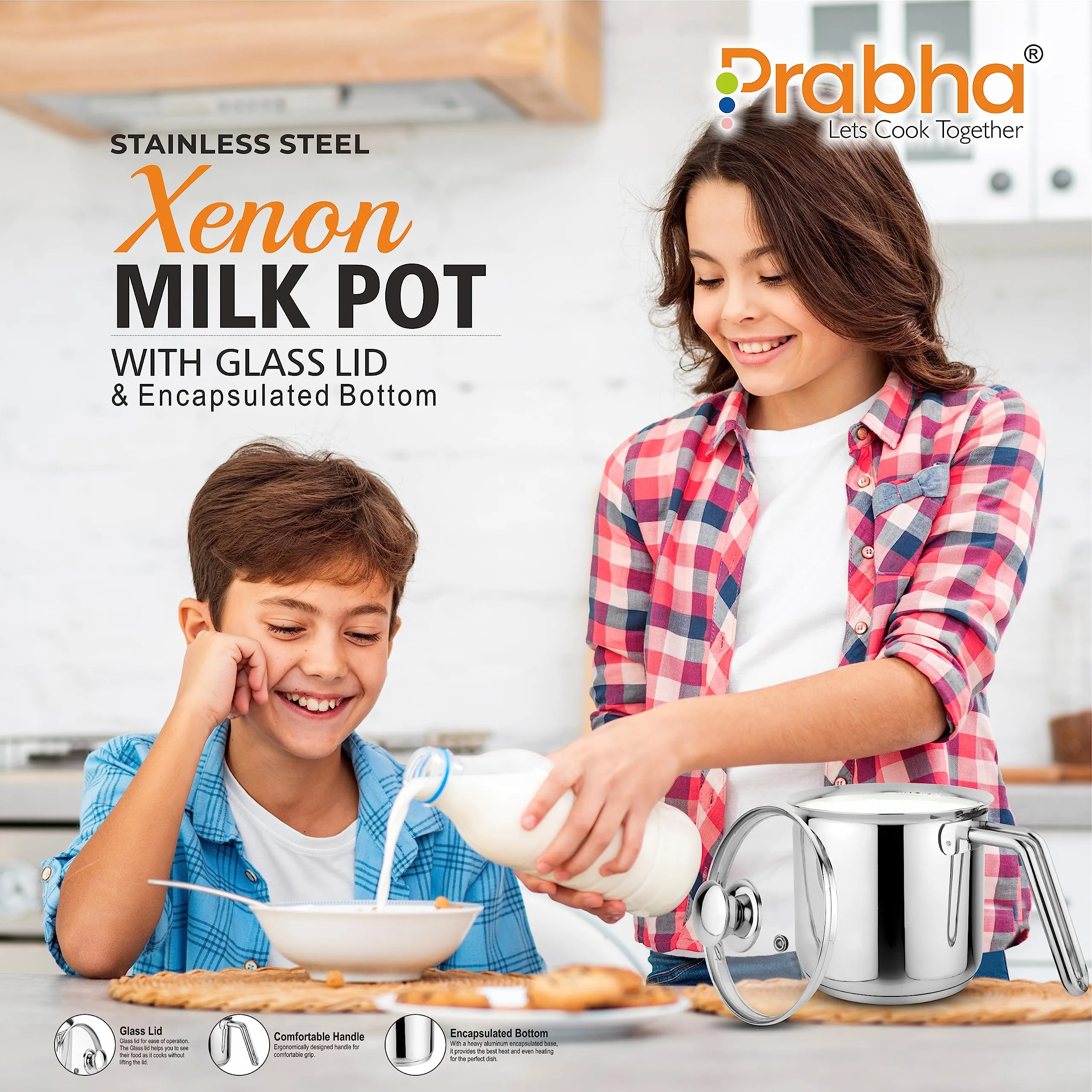 Prabha Heavy Gauge Stainless Steel Milk Pot Milk Boiler,Encapsulated Base,Compatible With Induction & Gas Stove,Highly Durable,14Cm Diameter Pot 1.8 L With Glass Lid-Silver,1.80 Litres