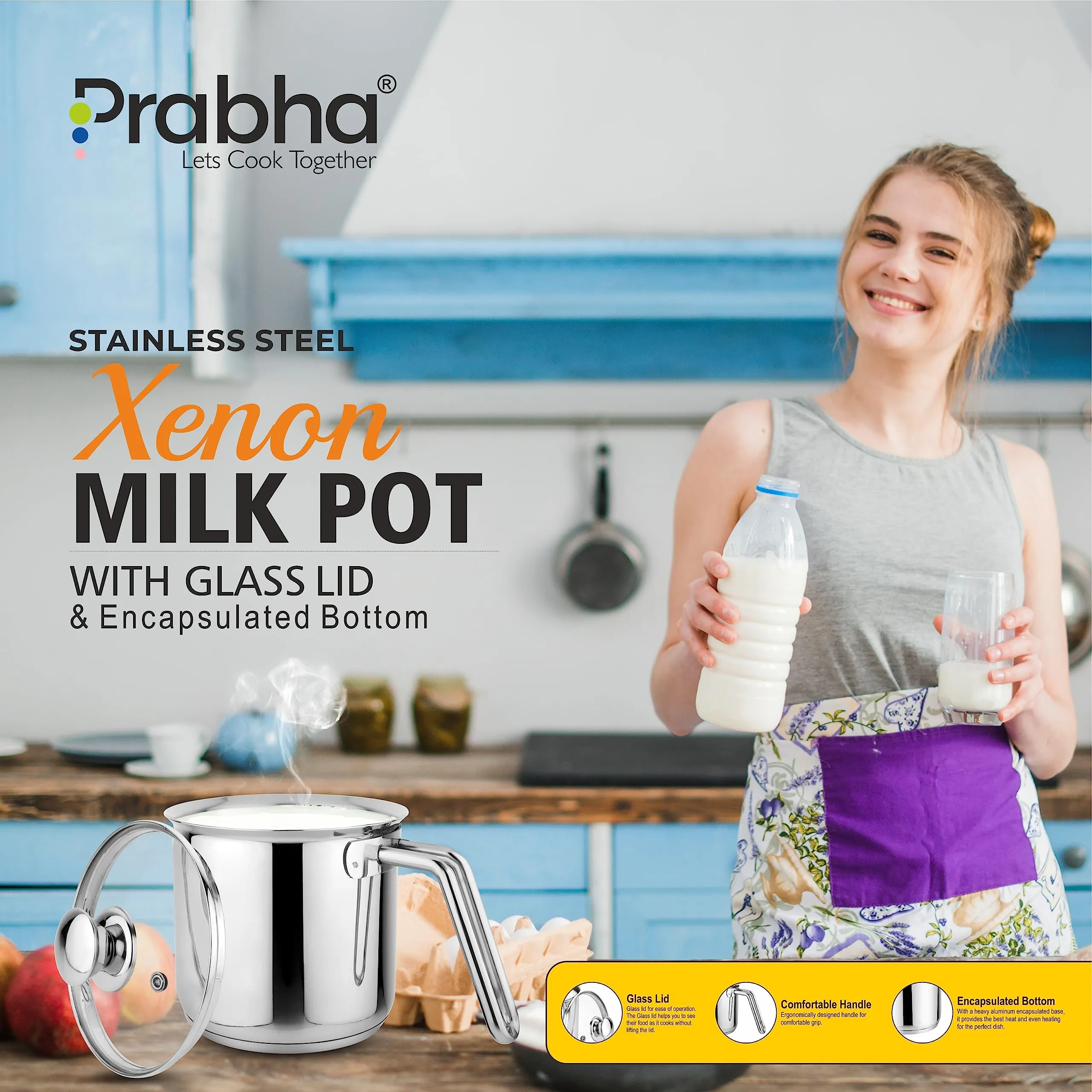 Prabha Heavy Gauge Stainless Steel Milk Pot Milk Boiler,Encapsulated Base,Compatible With Induction & Gas Stove,Highly Durable,14Cm Diameter Pot 1.8 L With Glass Lid-Silver,1.80 Litres