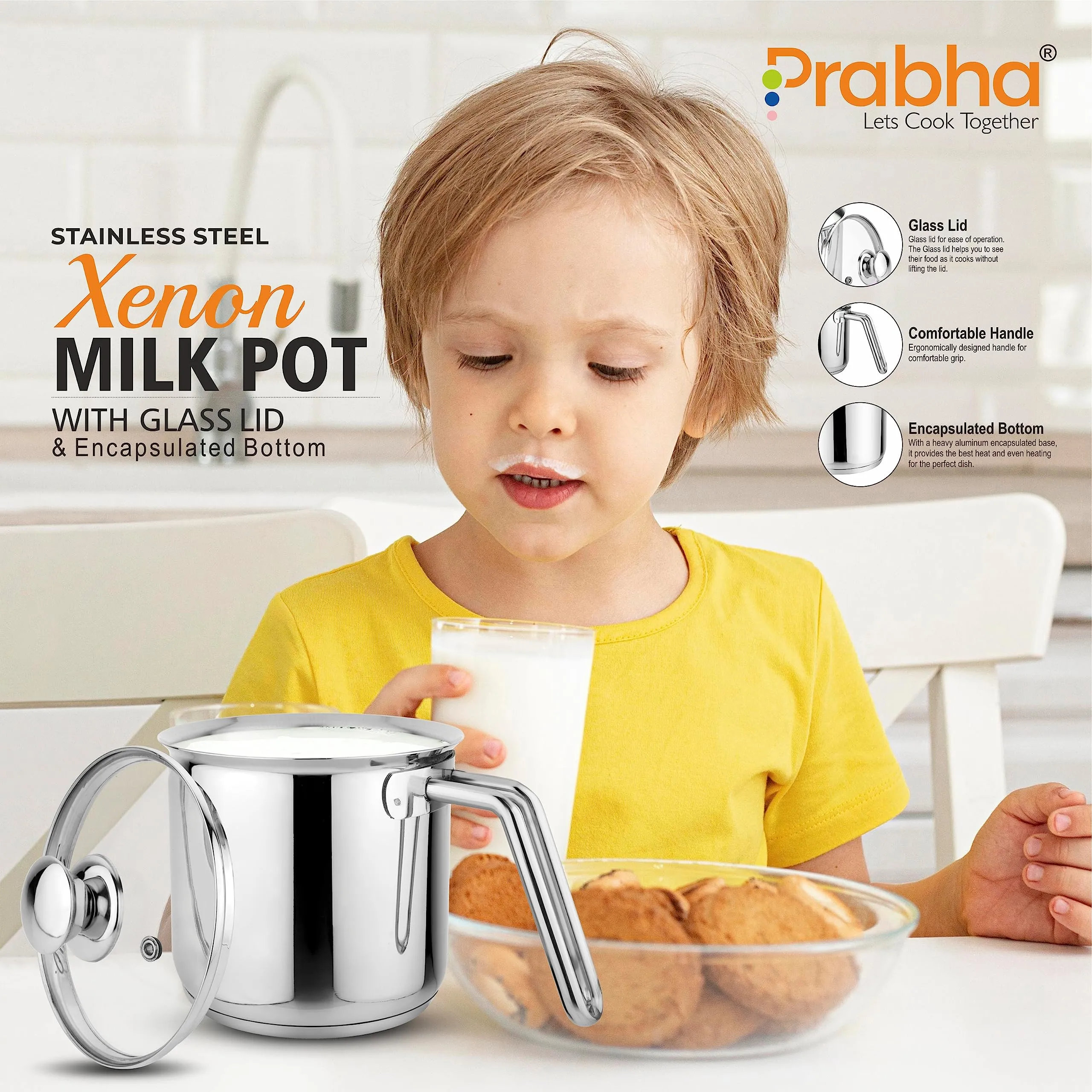 Prabha Heavy Gauge Stainless Steel Milk Pot Milk Boiler,Encapsulated Base,Compatible With Induction & Gas Stove,Highly Durable,14Cm Diameter Pot 1.8 L With Glass Lid-Silver,1.80 Litres