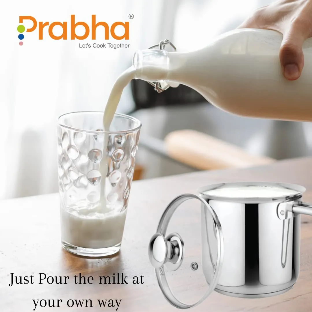 Prabha Heavy Gauge Stainless Steel Milk Pot Milk Boiler,Encapsulated Base,Compatible With Induction & Gas Stove,Highly Durable,14Cm Diameter Pot 1.8 L With Glass Lid-Silver,1.80 Litres