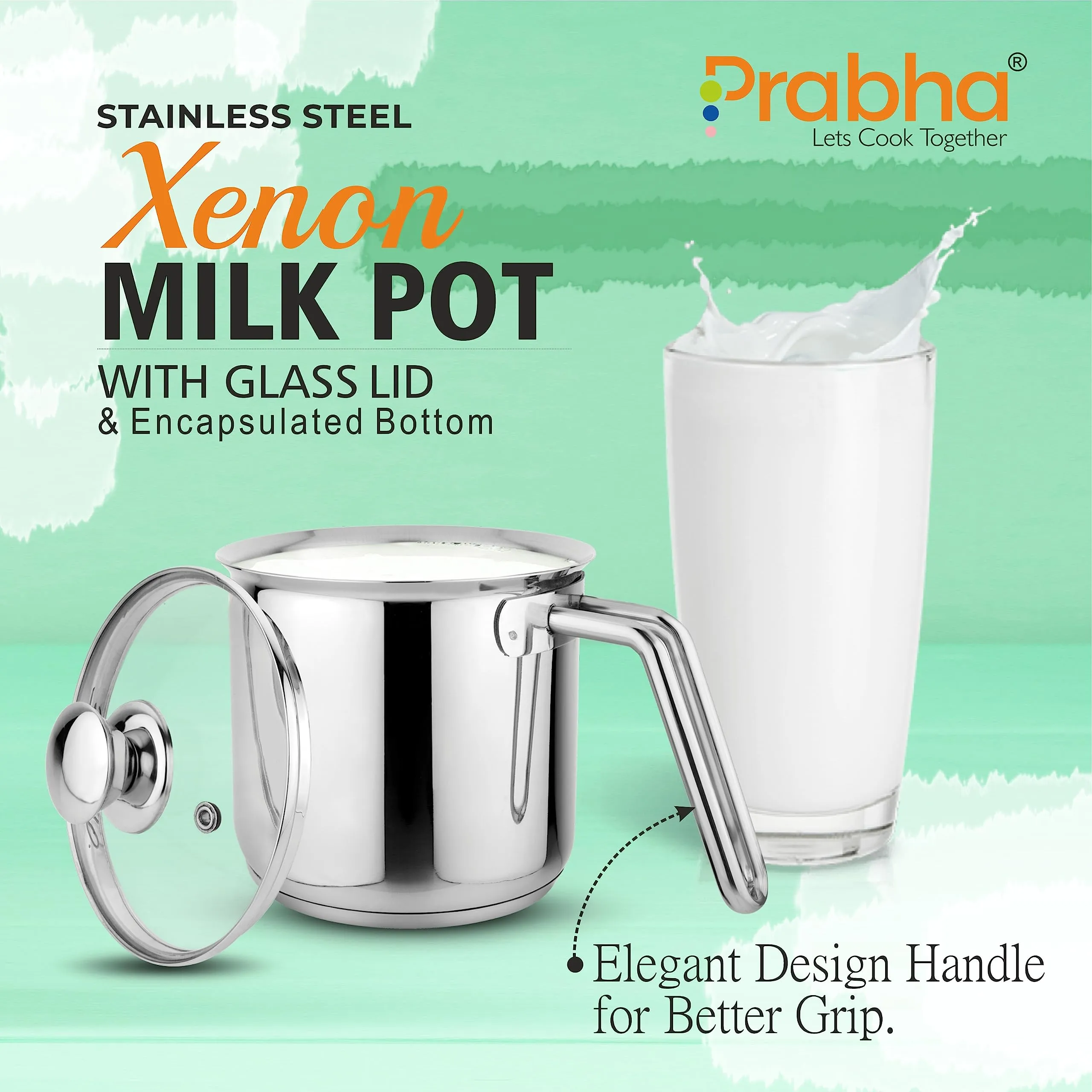 Prabha Heavy Gauge Stainless Steel Milk Pot Milk Boiler,Encapsulated Base,Compatible With Induction & Gas Stove,Highly Durable,14Cm Diameter Pot 1.8 L With Glass Lid-Silver,1.80 Litres