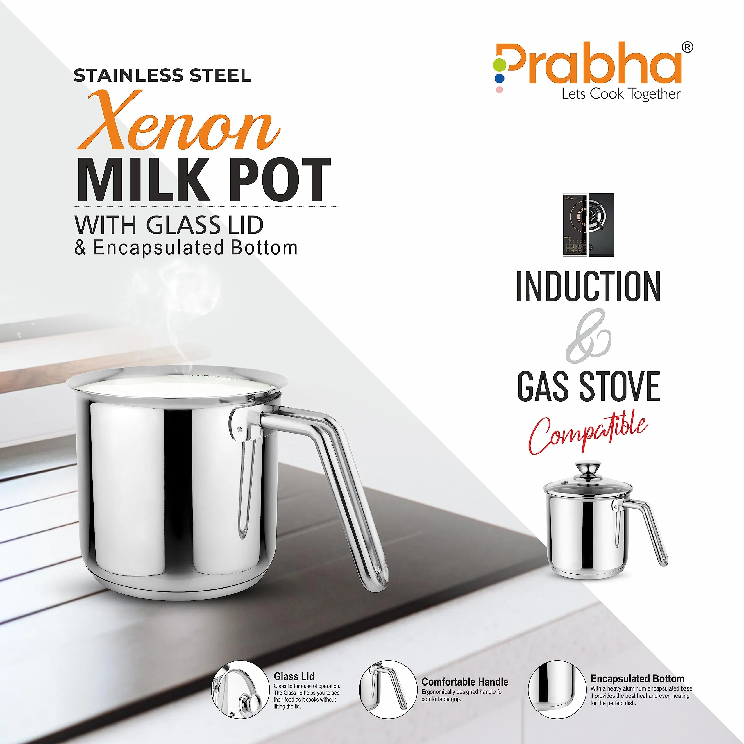 Prabha Heavy Gauge Stainless Steel Milk Pot Milk Boiler,Encapsulated Base,Compatible With Induction & Gas Stove,Highly Durable,14Cm Diameter Pot 1.8 L With Glass Lid-Silver,1.80 Litres