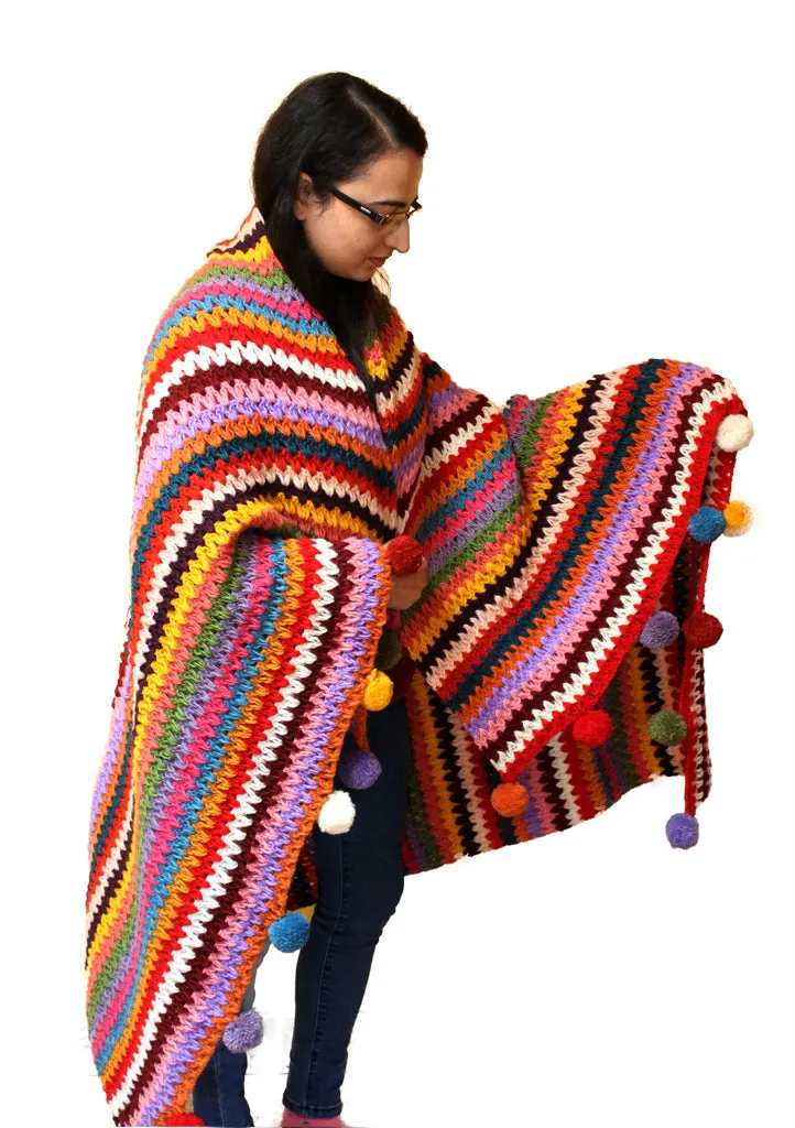 Rainbow Multicolor Hand Knitted Pom Pom Woolen Blanket