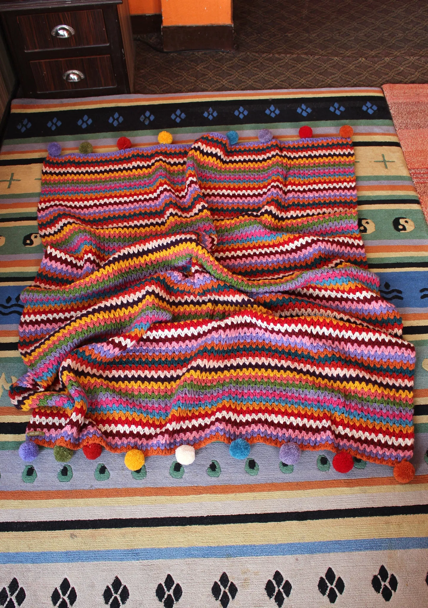 Rainbow Multicolor Hand Knitted Pom Pom Woolen Blanket