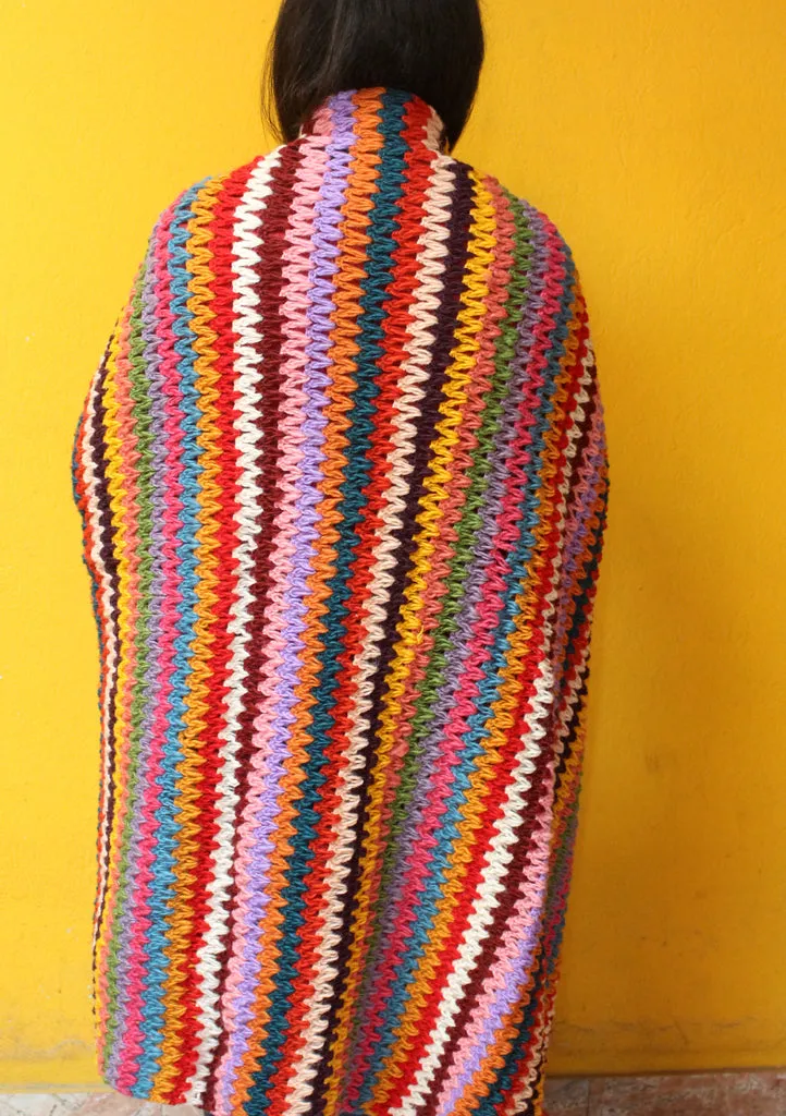 Rainbow Multicolor Hand Knitted Pom Pom Woolen Blanket