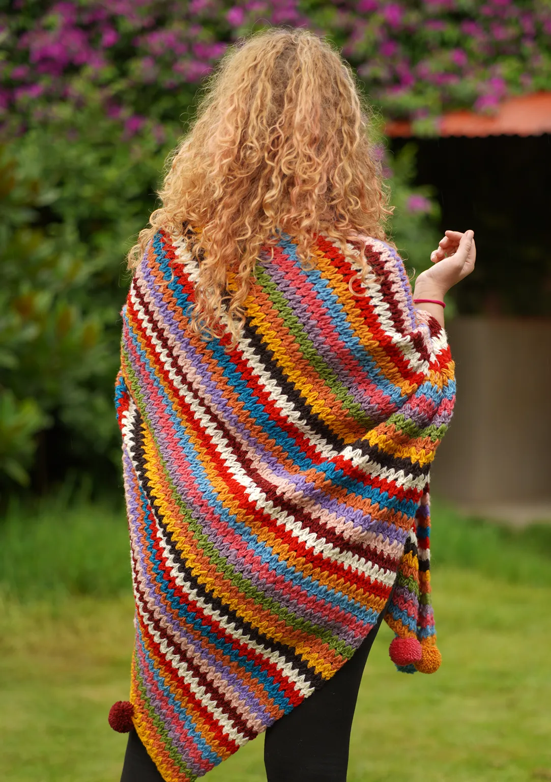 Rainbow Multicolor Hand Knitted Pom Pom Woolen Blanket