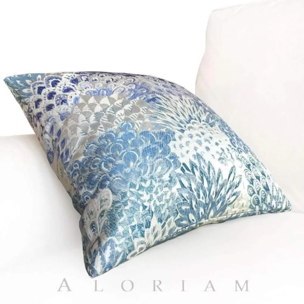 Robert Allen Feather Fans Floral Brocade Cobalt Blue Gray Pillow Cover