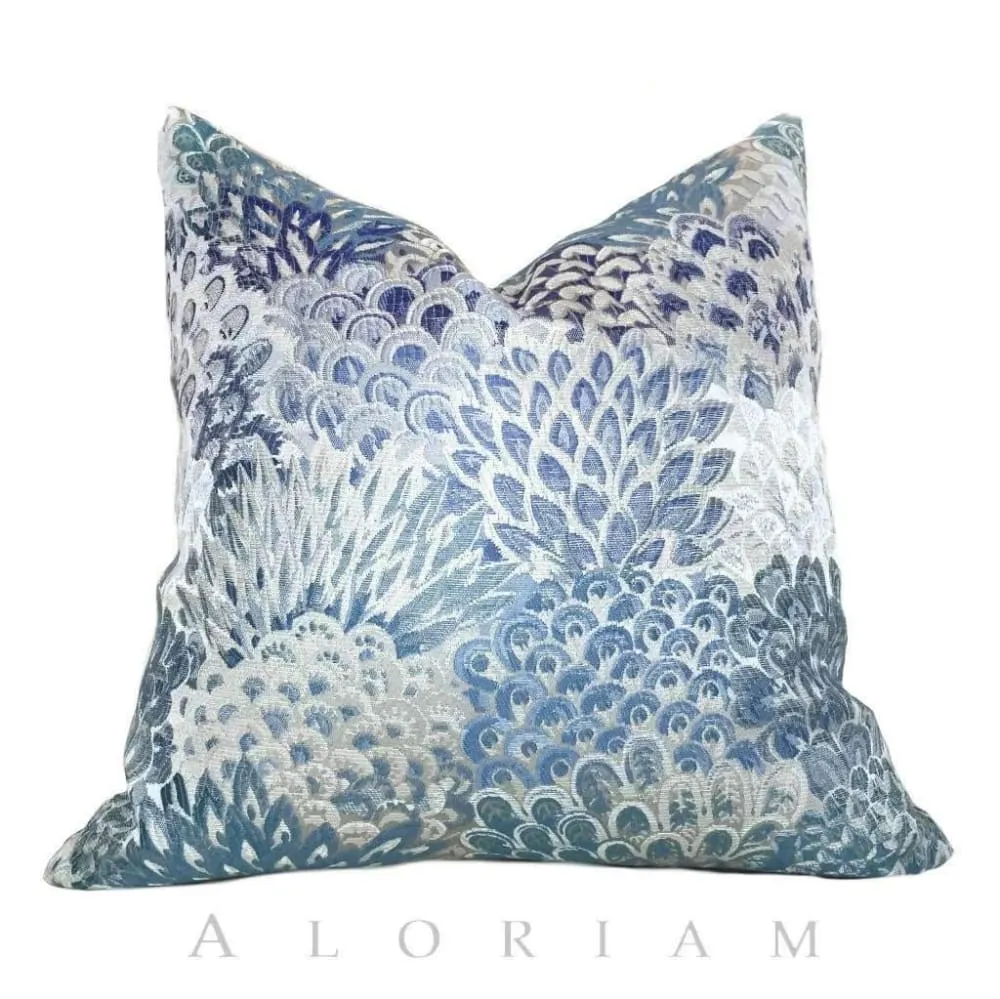 Robert Allen Feather Fans Floral Brocade Cobalt Blue Gray Pillow Cover