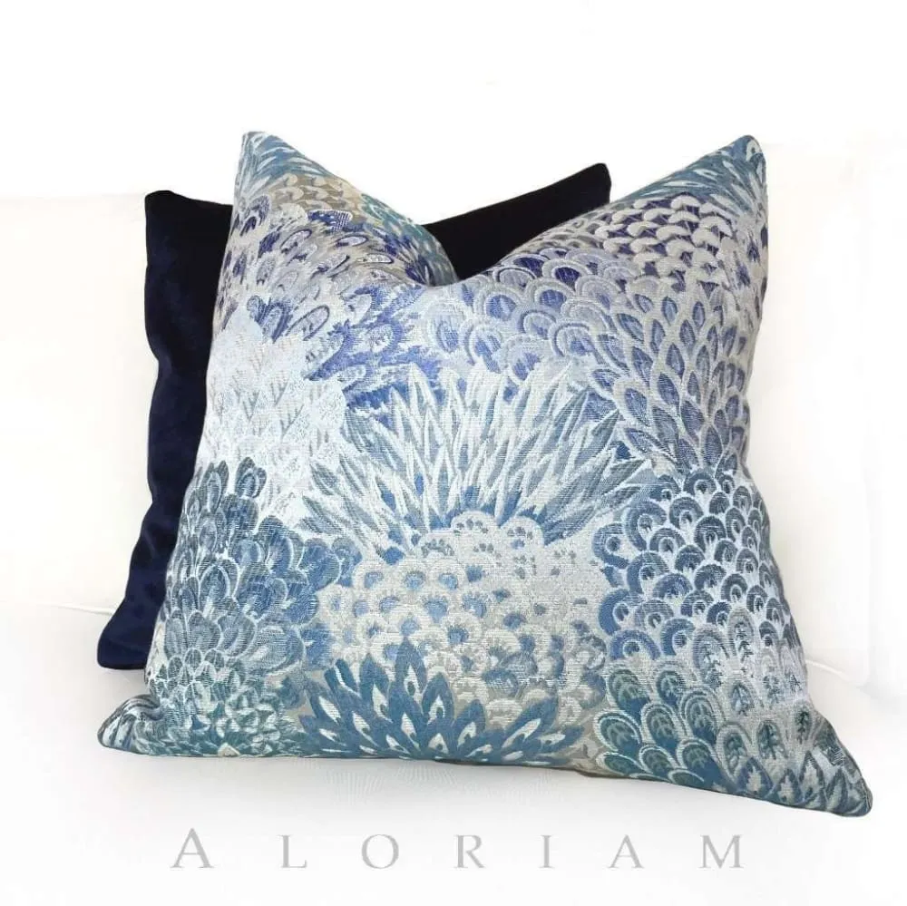 Robert Allen Feather Fans Floral Brocade Cobalt Blue Gray Pillow Cover