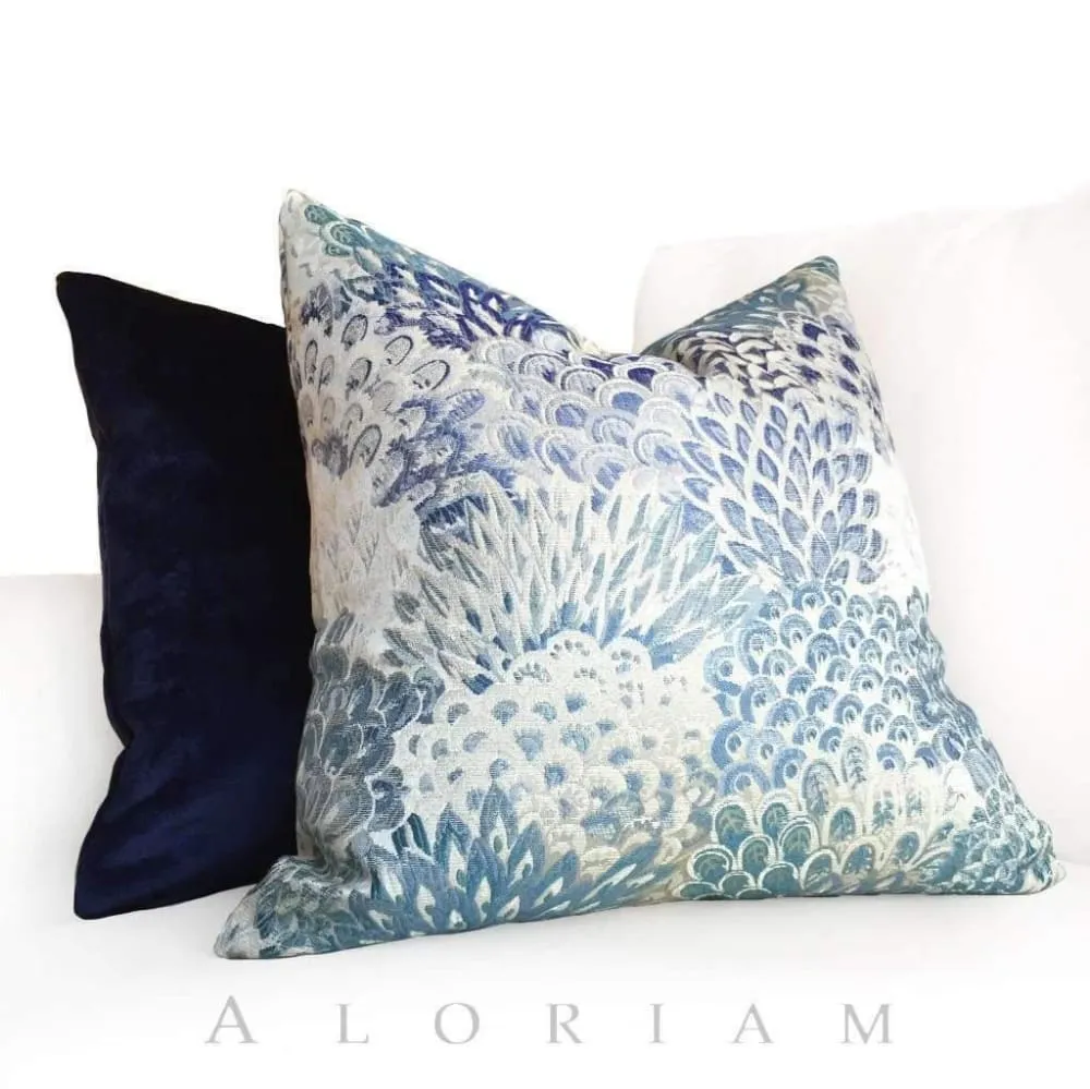 Robert Allen Feather Fans Floral Brocade Cobalt Blue Gray Pillow Cover