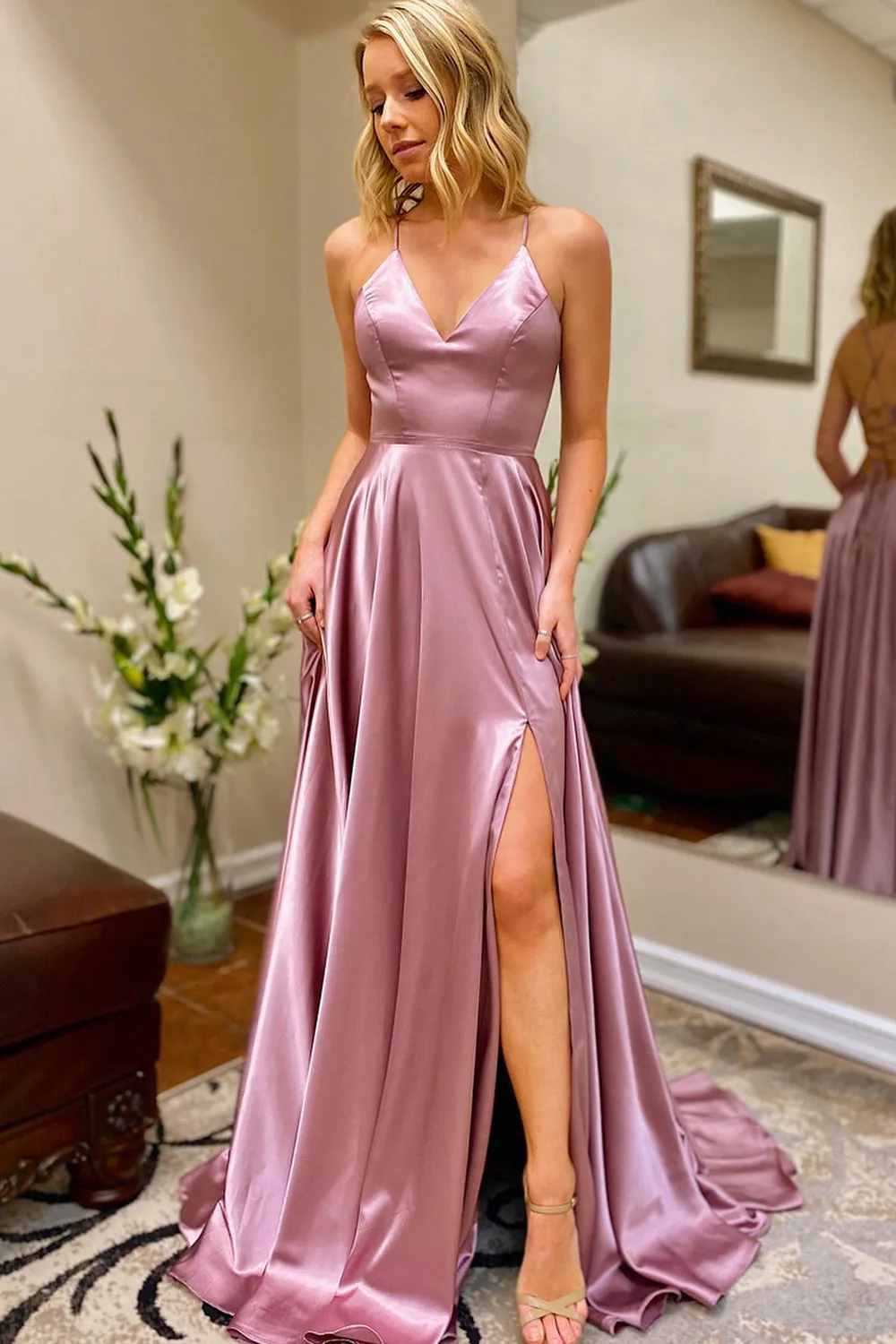 Rosie |A Line Spaghetti Straps Satin Prom Dress with Slit