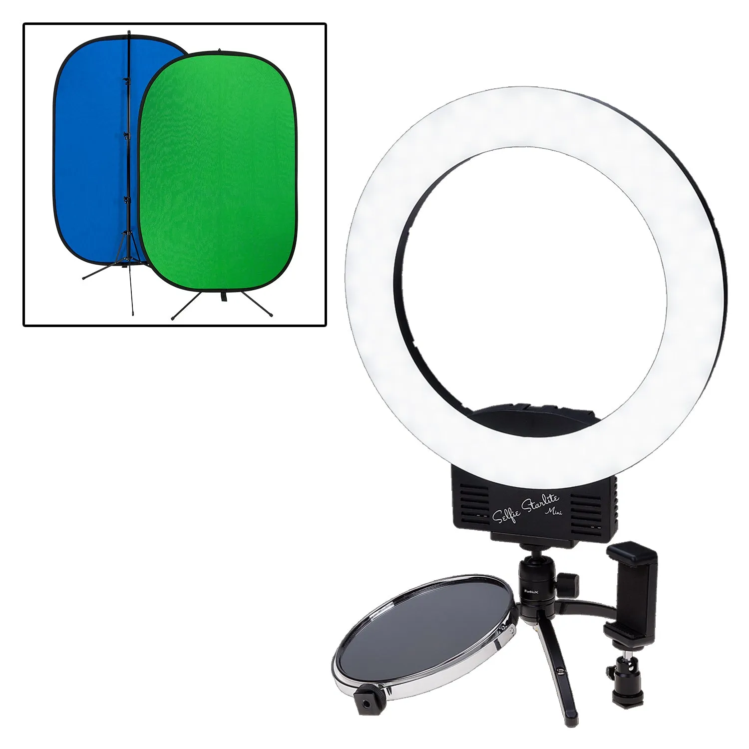 Selfie Starlite Mini Vlog Light Gift Pack- 12in Bi-Color Dimmable LED Ring Light  with Collapsible Portable Chromakey Blue/Green Muslin Background