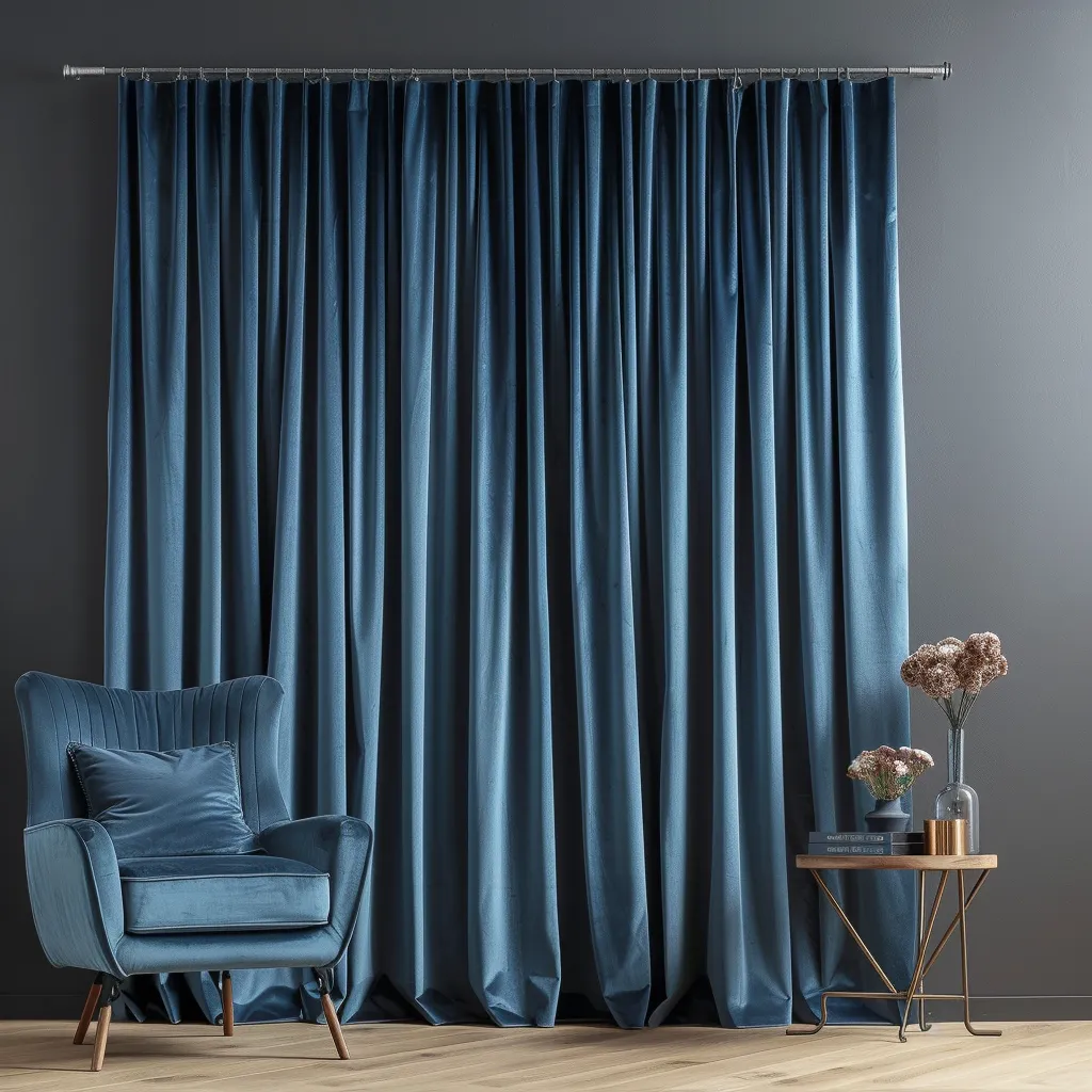 Steel Blue Velvet S-Fold Curtain - Custom Length and Width