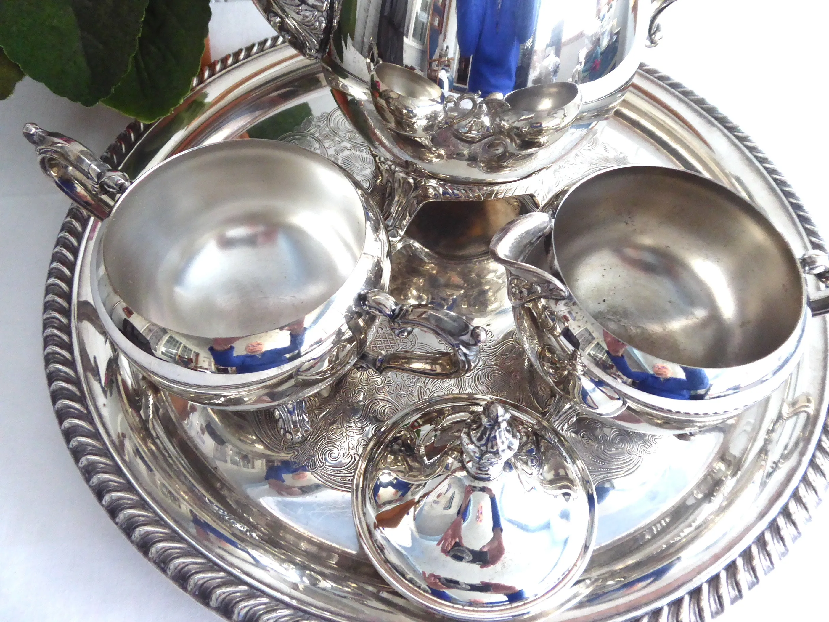 Tea Party Tea Set Pot Sugar Cream Tray Coffee Set 5 Piece Mid Century Rogers 1970s Silver Plate