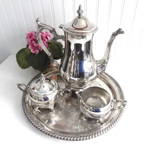 Tea Party Tea Set Pot Sugar Cream Tray Coffee Set 5 Piece Mid Century Rogers 1970s Silver Plate