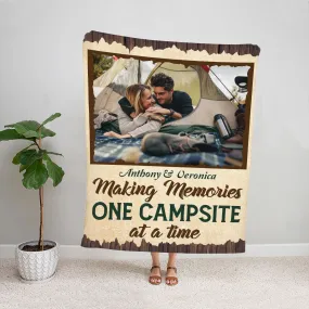 Teesdily | Camping Couple Custom Photo Blanket Making Memories One Campsite At A Time Throw Blanket Camping Lovers Gifts Camping Partners For Life