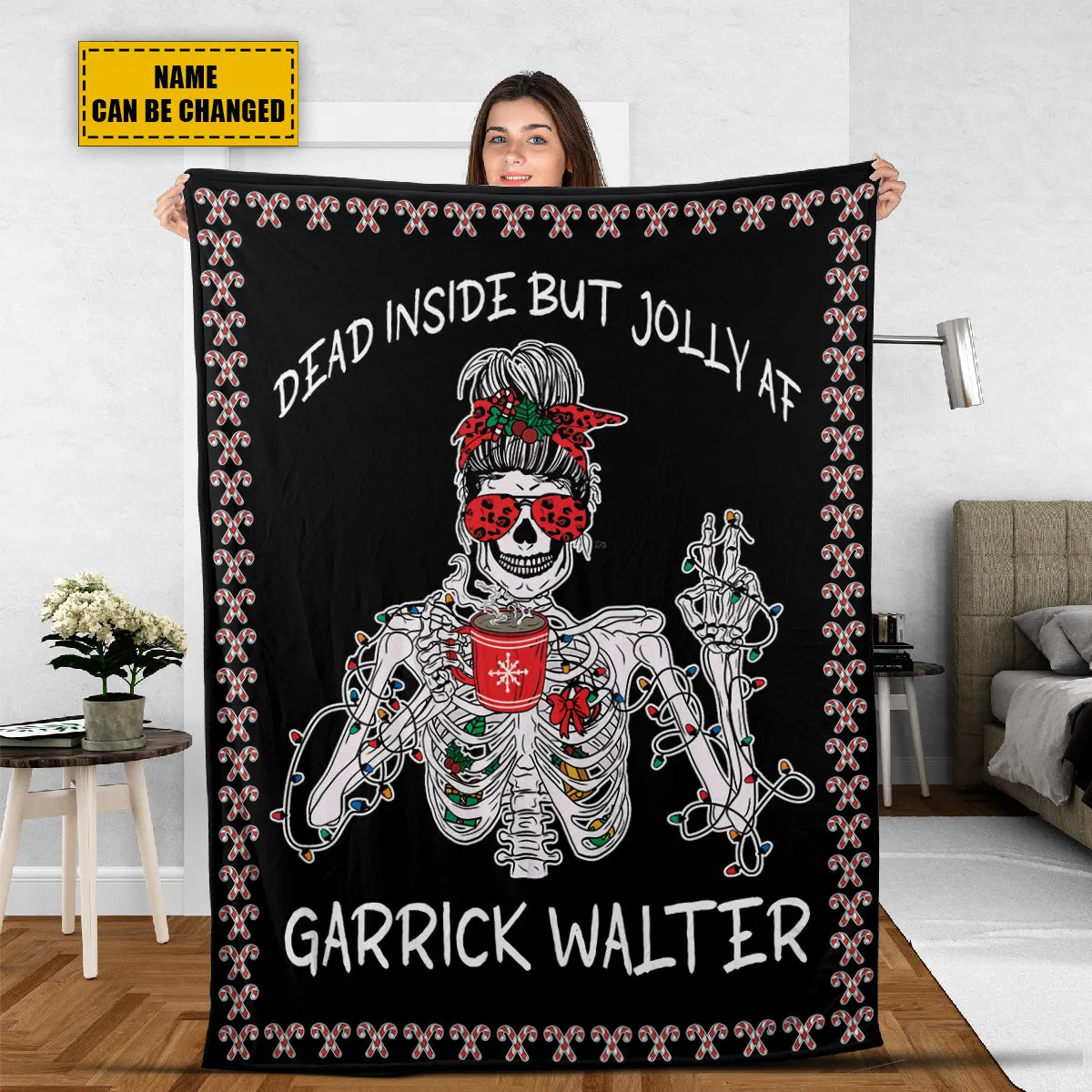 Teesdily | Personalized Skeleton Girl Xmas Blanket Dead Inside But Jolly Af Fleece Throw Blanket Funny Christmas Sherpa Blanket Funny Christmas Gifts