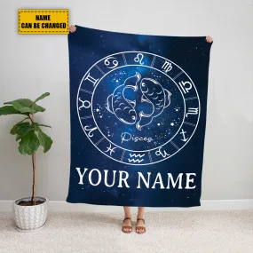 Teesdily | Pisces Personalized Fleece Blanket With Name Horoscope Design Sherpa Blanket Zodiac Sign Constellation Astrology Adult Kid Birthday Gifts