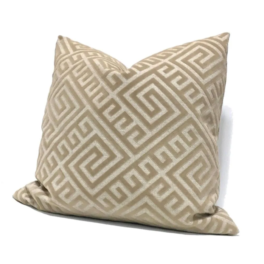 Thebes Greek Key Tan Beige Flocked Velvet Pillow Cover